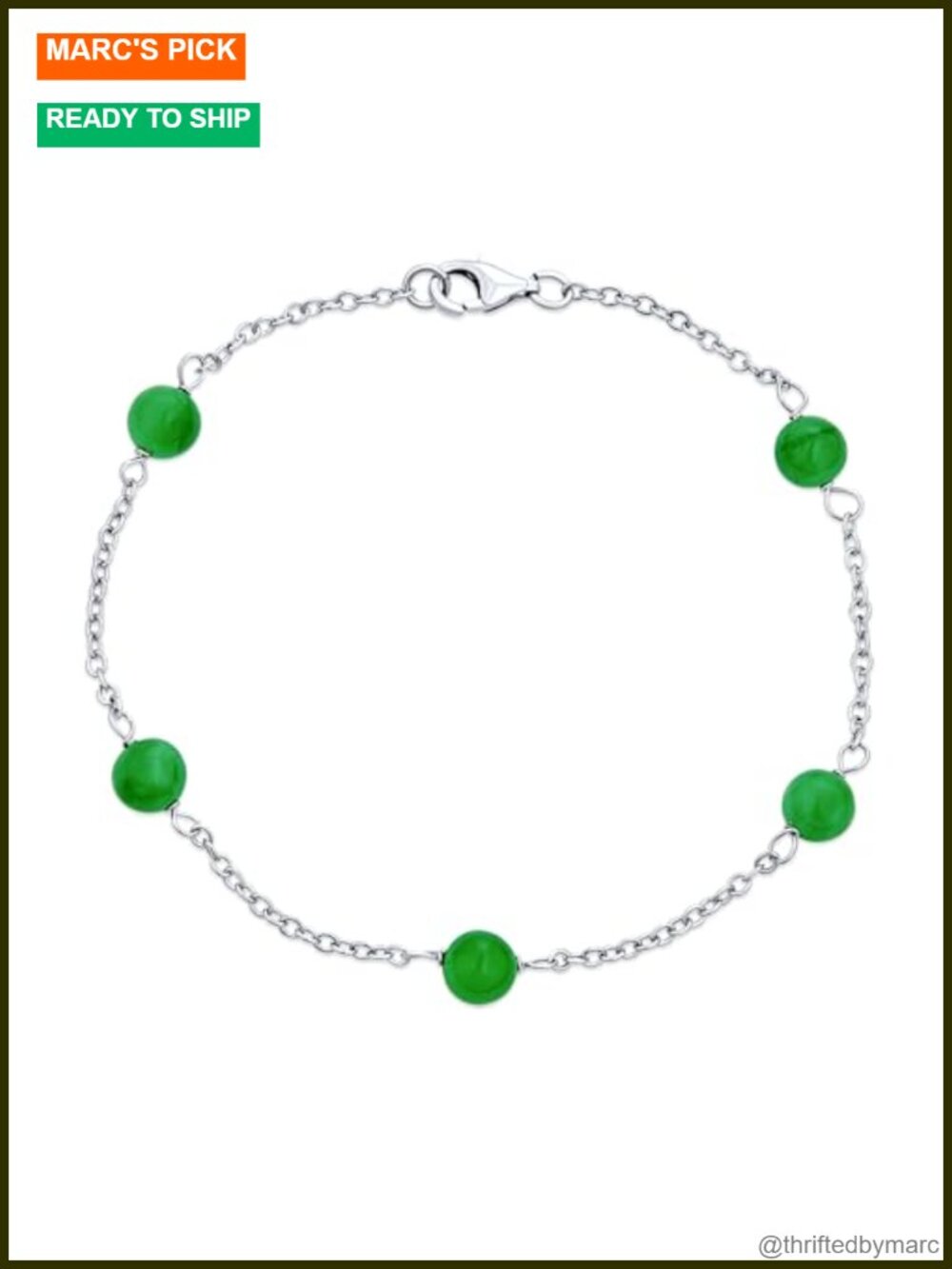 Green Jade Freshwater Pearl Link Bracelet .925 Sterling Silver 7 Inch